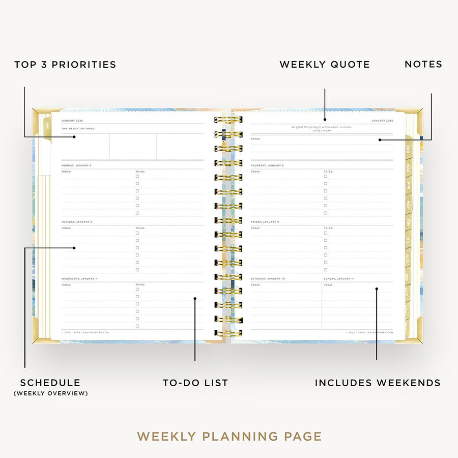 Day Designer 2026 mini weekly planner: sea and sky opened with captions of contents