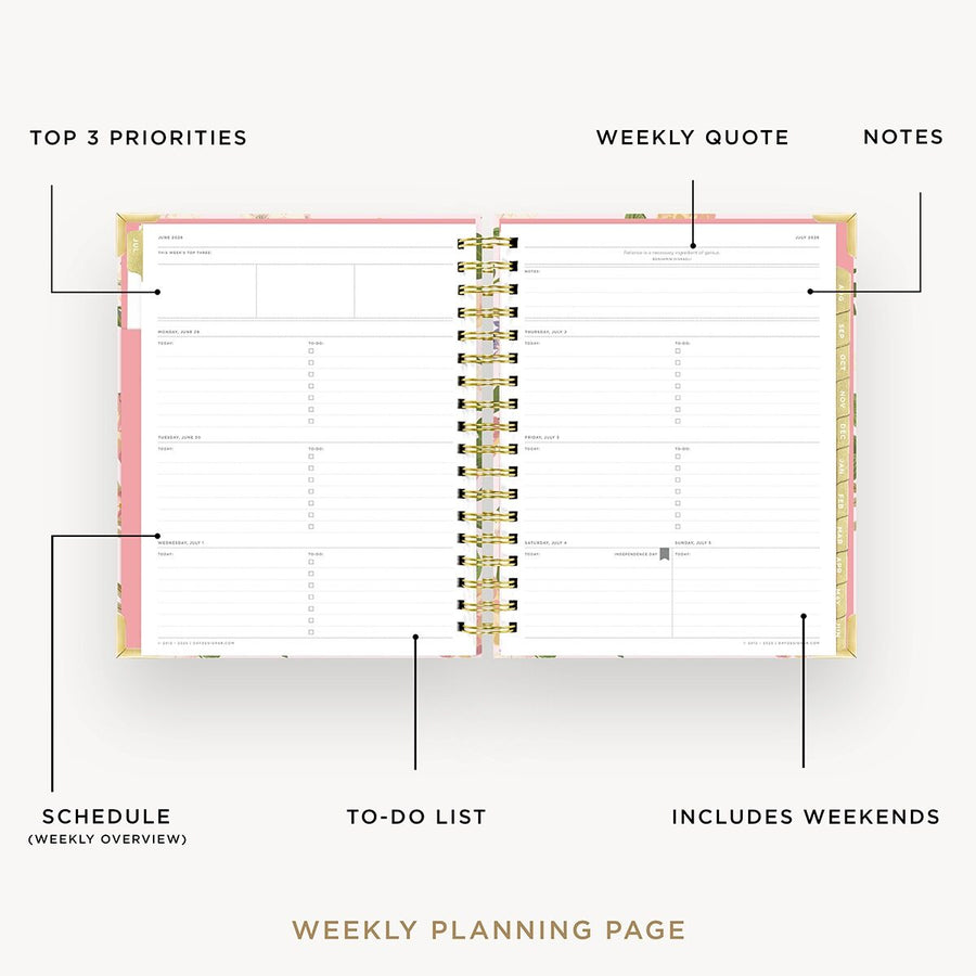 Day Designer 2026-27 weekly planner: Heirloom opened with captions of contents