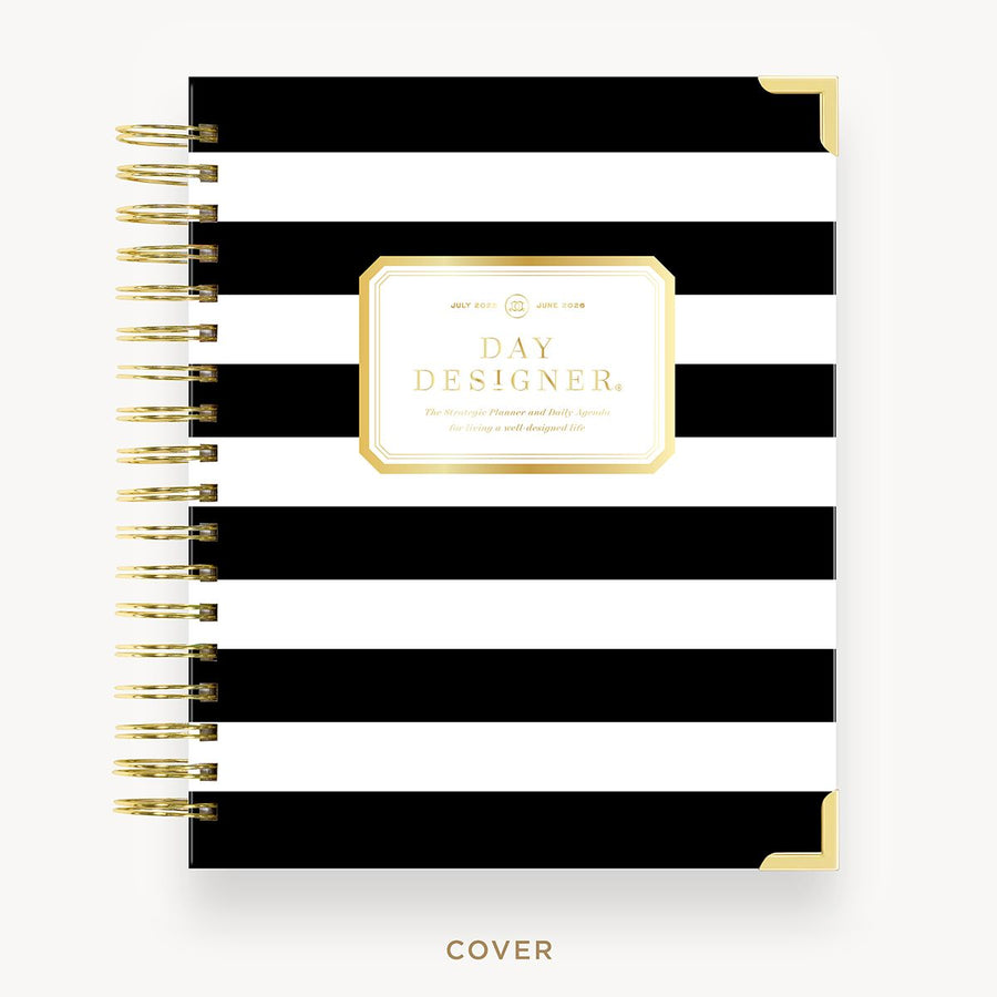 Day Designer 2025-26 daily planner: Black Stripe hard cover, gold wire binding