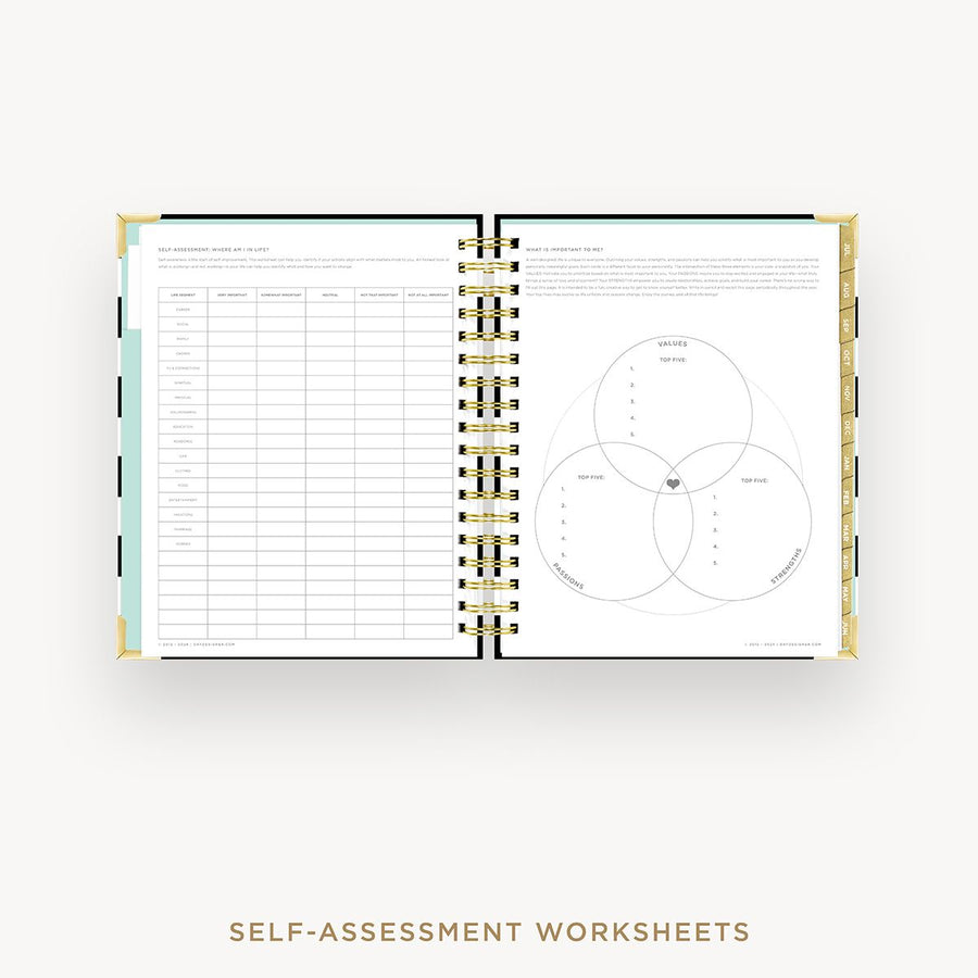 Day Designer 2025-26 daily planner: Black Stripe cover with self assessment worksheet