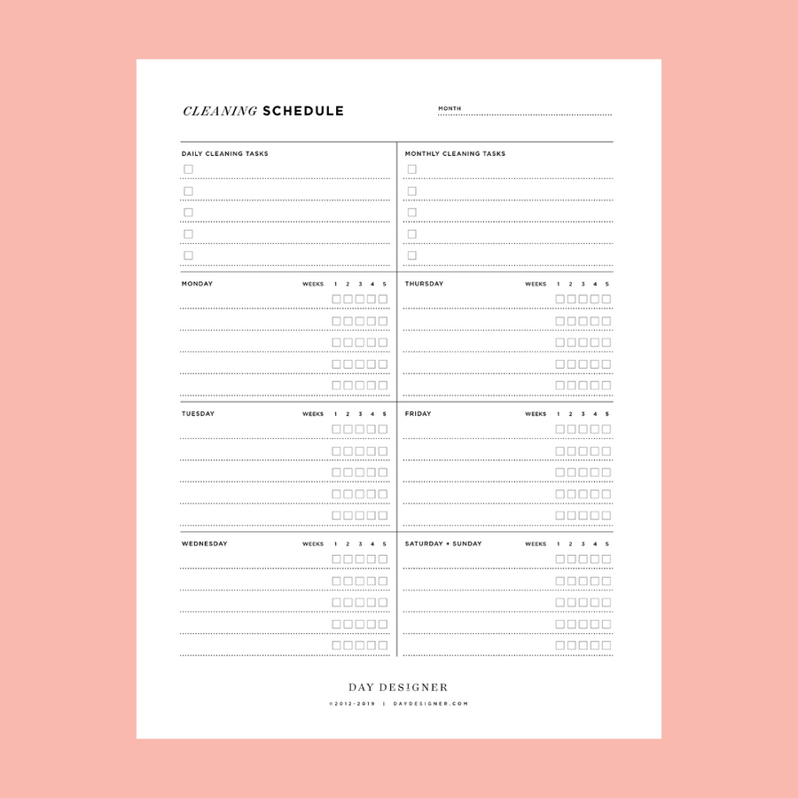 cleaning schedule printable on a peach background