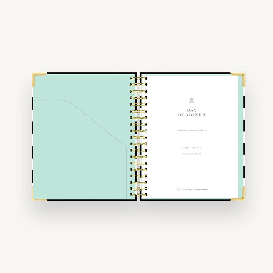 Open planner showing two pages with a mint green cover and white back page on a white background.