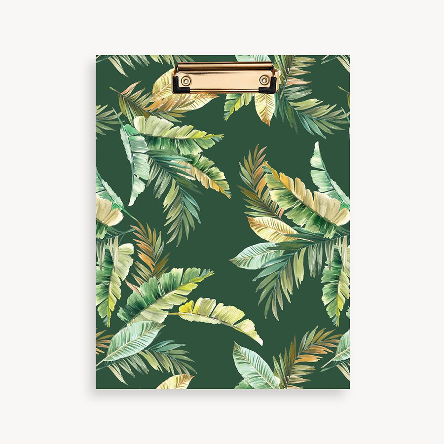 green and gold palm leaves clipfolio with gold clip on dark green background