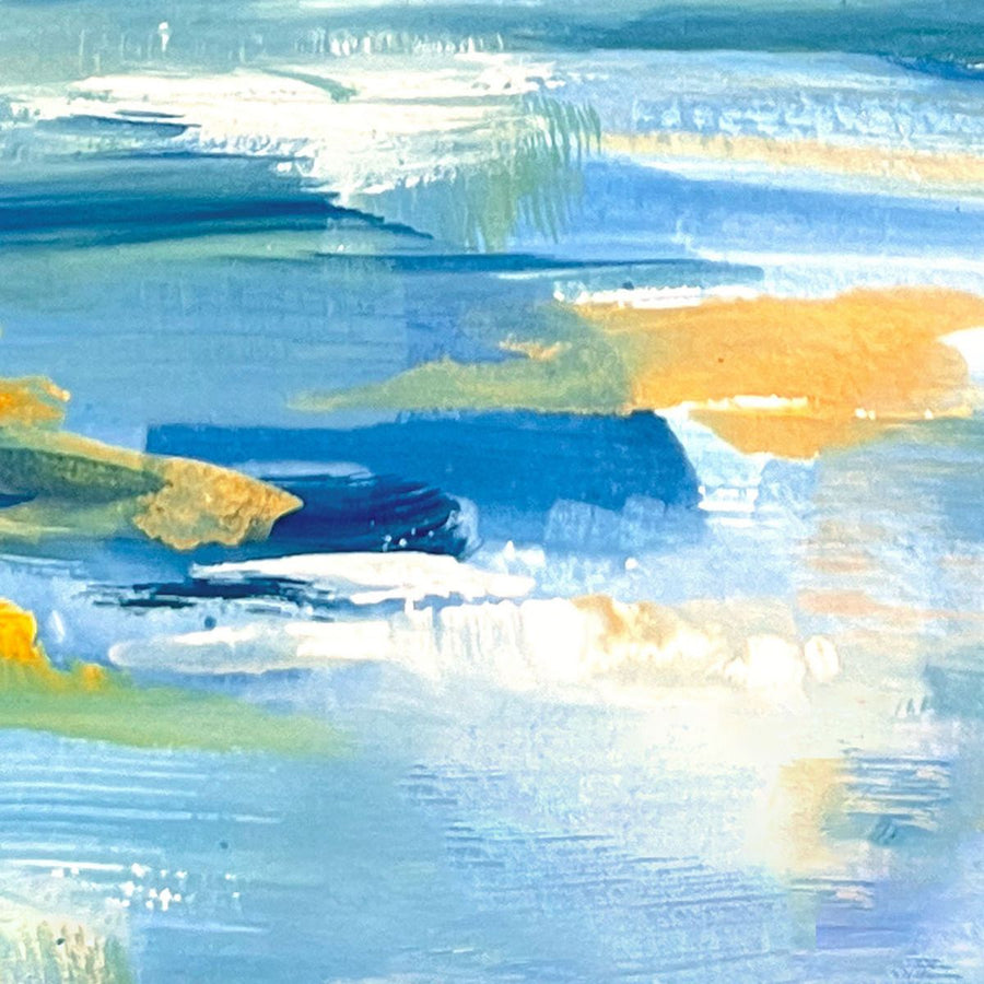 Abstract painting with a mix of ocean blues and gold, featuring a stylized representation of a sea and sky.