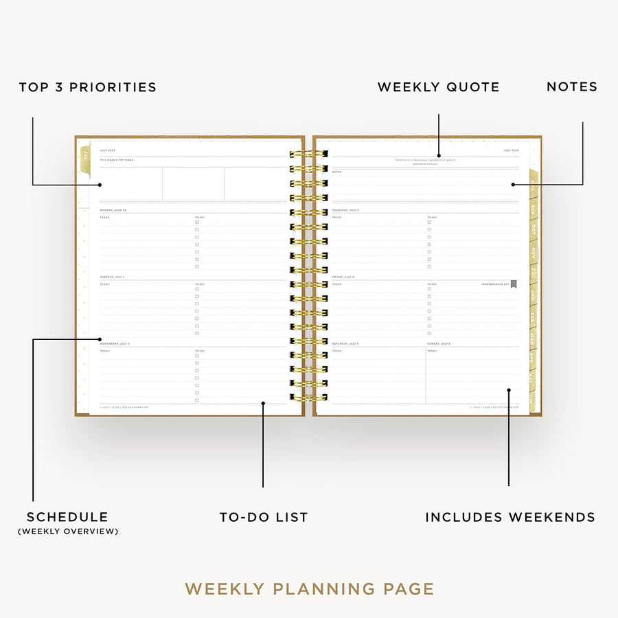 Day Designer 2025-26 weekly planner: Caramel Latte opened with captions of contents