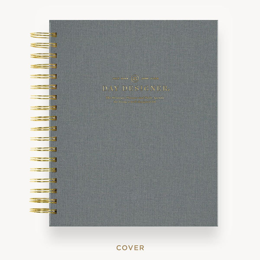 Day Designer 2025-26 daily planner: Charcoal Bookcloth hard cover, gold wire binding