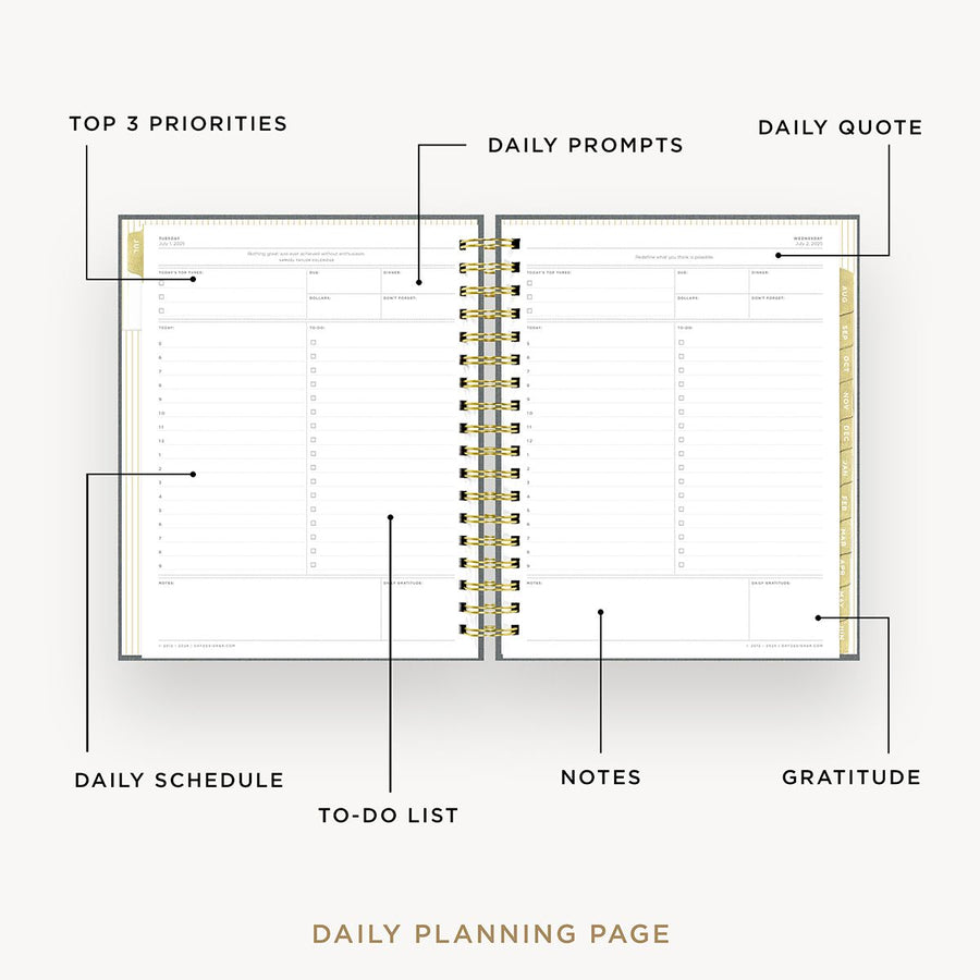 Day Designer 2025-26 daily planner: Charcoal Bookcloth opened with captions of contents