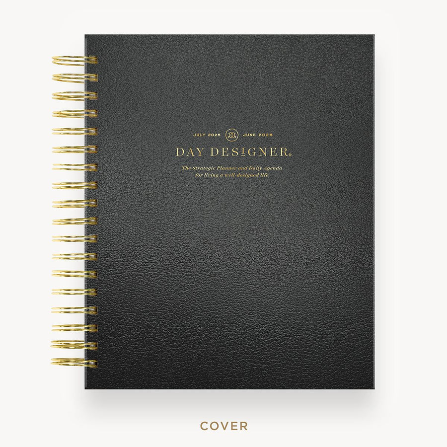 Day Designer 2025-26 daily planner: Classic Black hard cover, gold wire binding