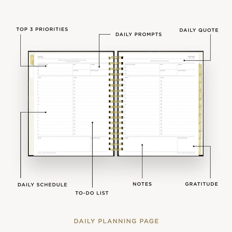 Day Designer 2025-26 daily planner: Classic Black opened with captions of contents