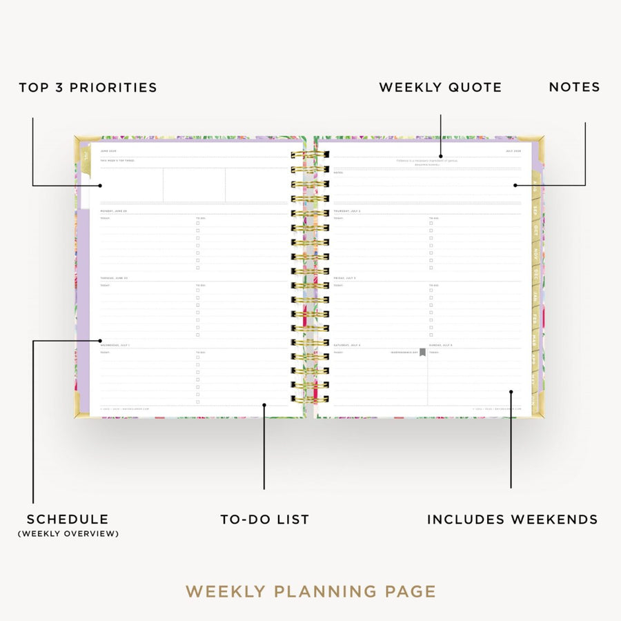 Day Designer 2026-27 weekly planner: Belle Vie opened with captions of contents