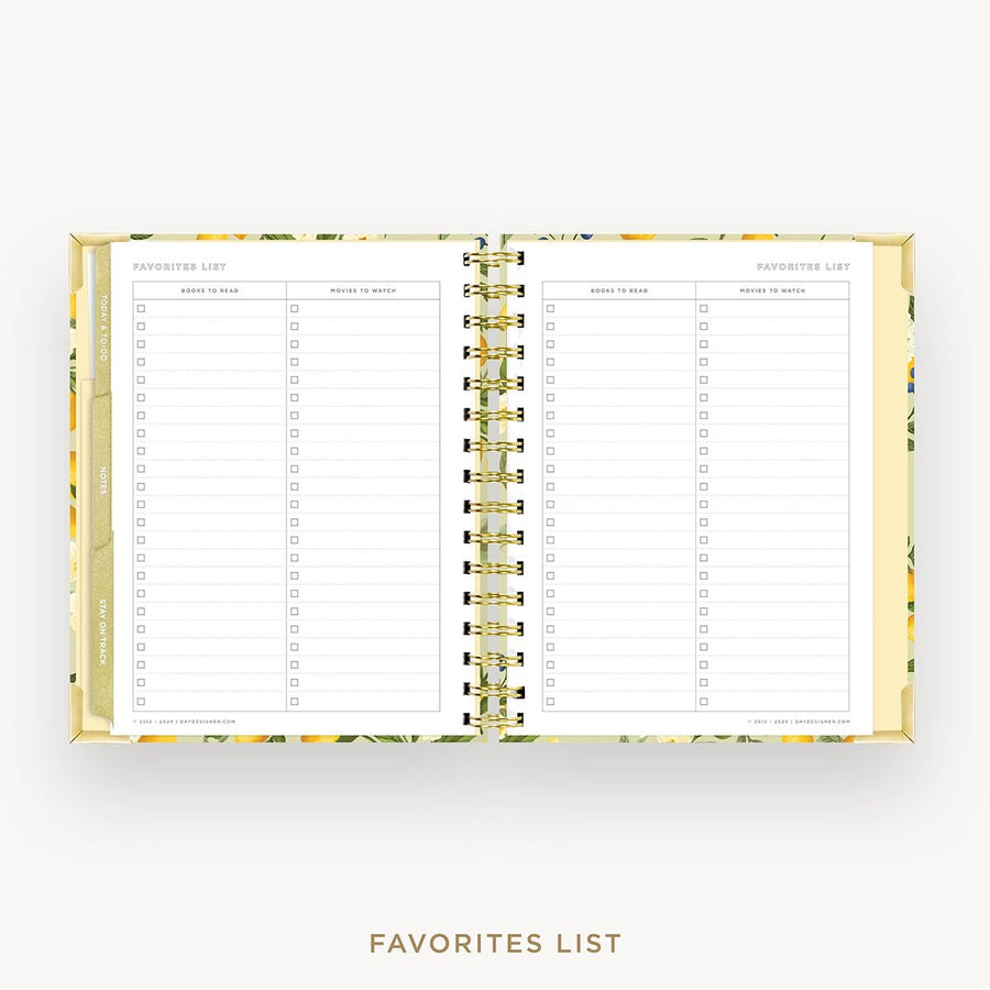 Day Designer 2026-27 mini weekly planner: Lemon Floral Sage cover with favorite books and movies pages