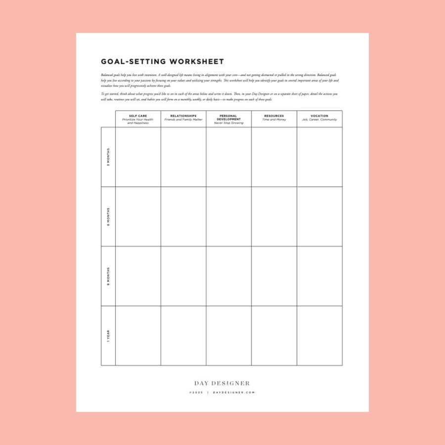 Goal-setting worksheet on a pink background
