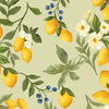 Pattern of lemons, leaves, and flowers on a light green background