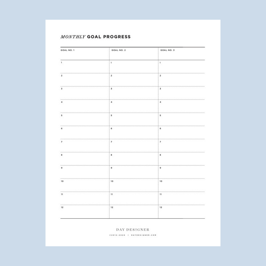 monthly goal progress printable on a light blue background