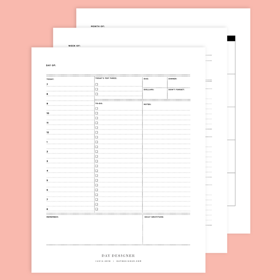 daily, weekly, and monthly printables on a peach background