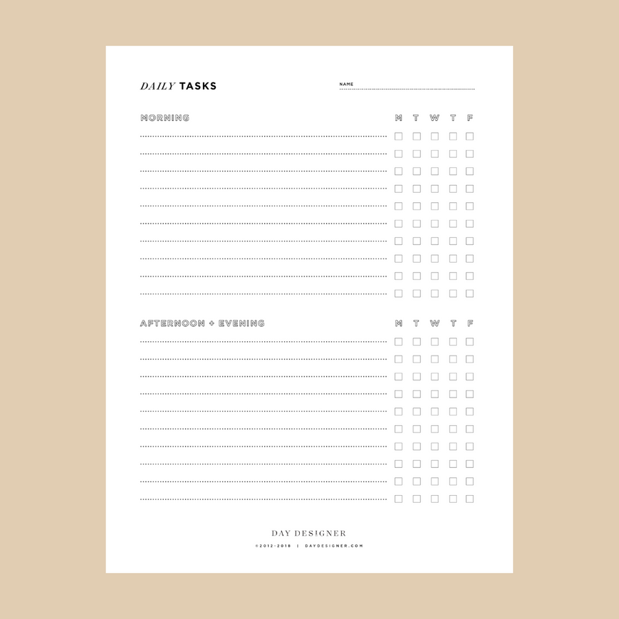 daily tasks printable on a tan background