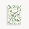 slim mini notebook in green floral, birds, butterfly repeated design and gold title accent