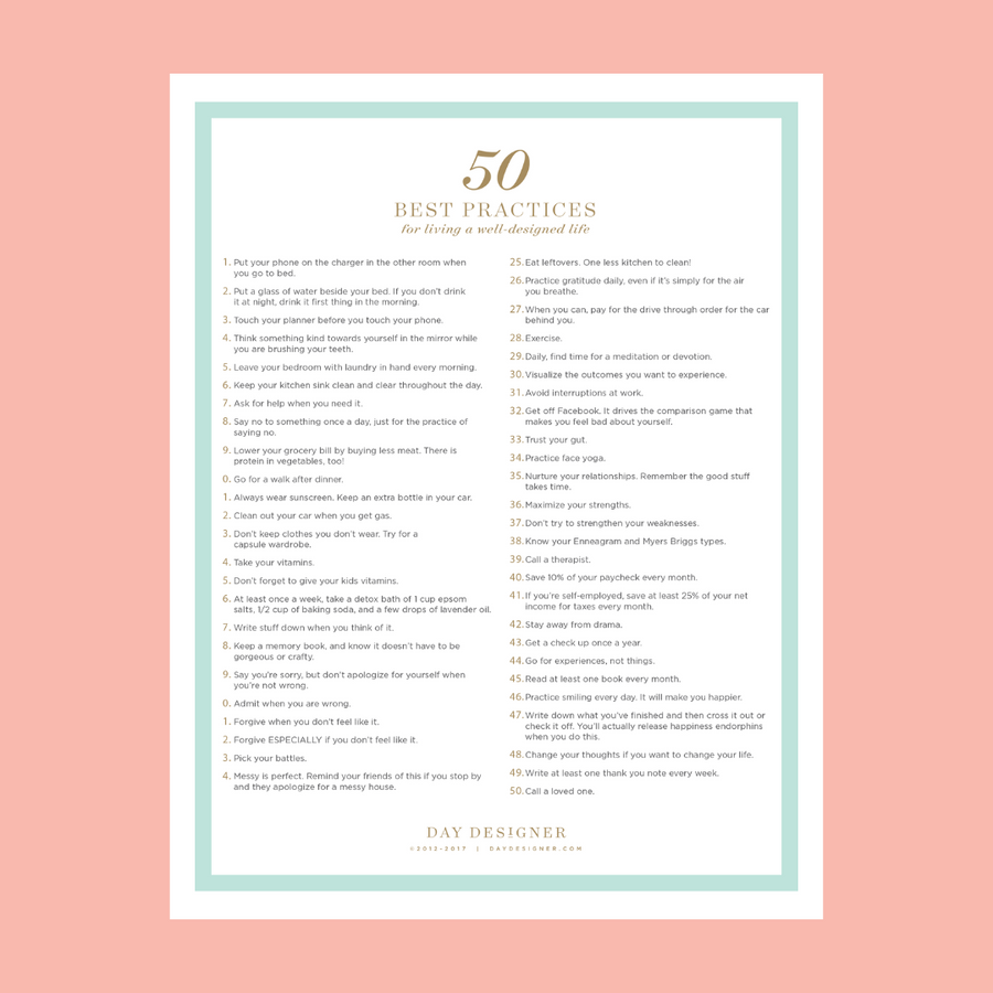 50 best practices printable on a peach background