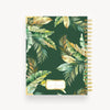 notebook back cover with green and gold tropical leaves on dark green background, gold binding and day designer logo