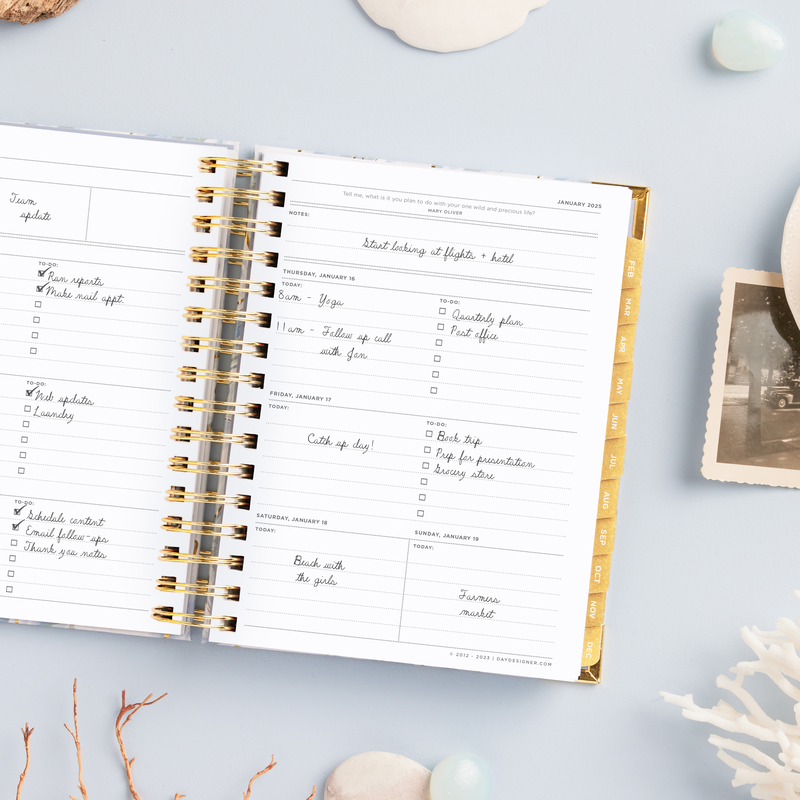 Day Designer 2025 mini weekly planner: Azure opened with writing on it