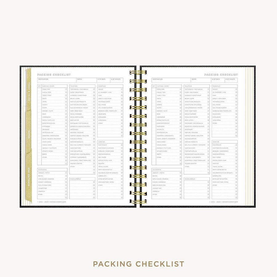 Day Designer 2026-27 mini weekly planner: Classic Black Pebble Texture cover with packing checklist