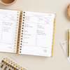 mini weekly planner, open book with written on pages, gold binding, tabs, stickers and pen, coffee mug, stationery