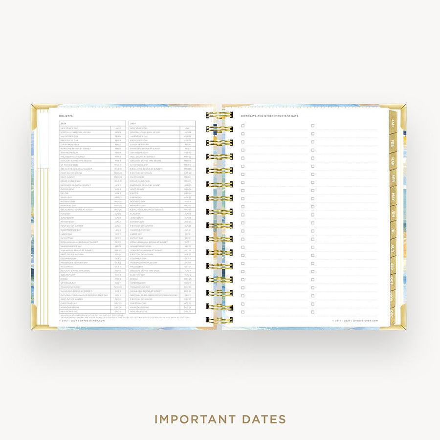 Day Designer 2026 mini weekly planner: sea and sky cover with holidays page