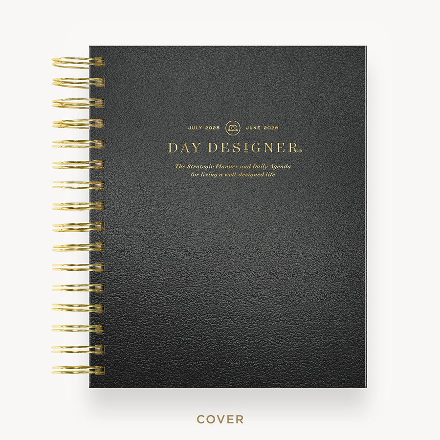 Day Designer 2025-26 mini daily planner: Classic Black hard cover, gold wire binding