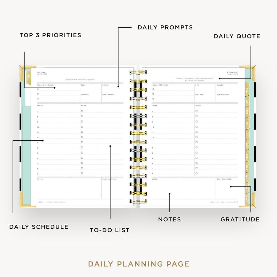 Day Designer 2025-26 mini daily planner: Black Stripe opened with captions of contents