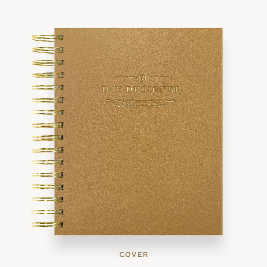 Day Designer 2025-26 mini daily planner: Caramel Latte hard cover, gold wire binding