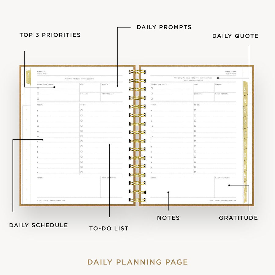 Day Designer 2025-26 mini daily planner: Caramel Latte opened with captions of contents