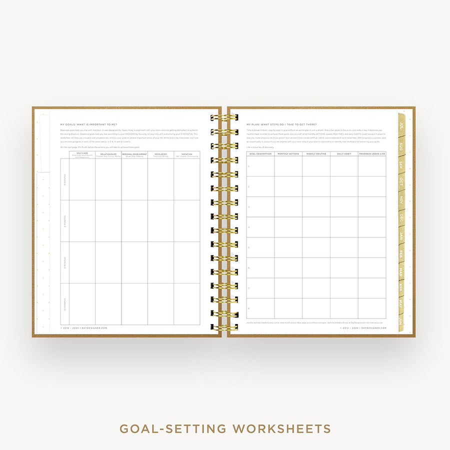 Day Designer 2025-26 mini daily planner: Caramel Latte cover with goals worksheet