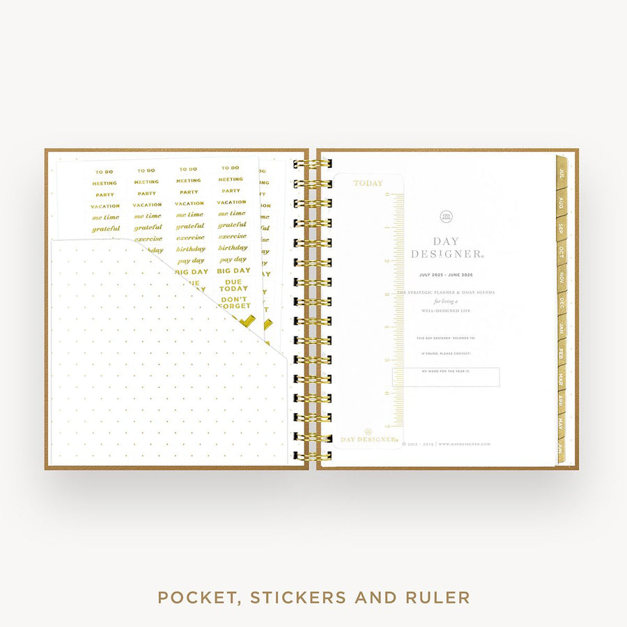 Day Designer 2025-26 mini daily planner: Caramel Latte cover with pocket and gold stickers