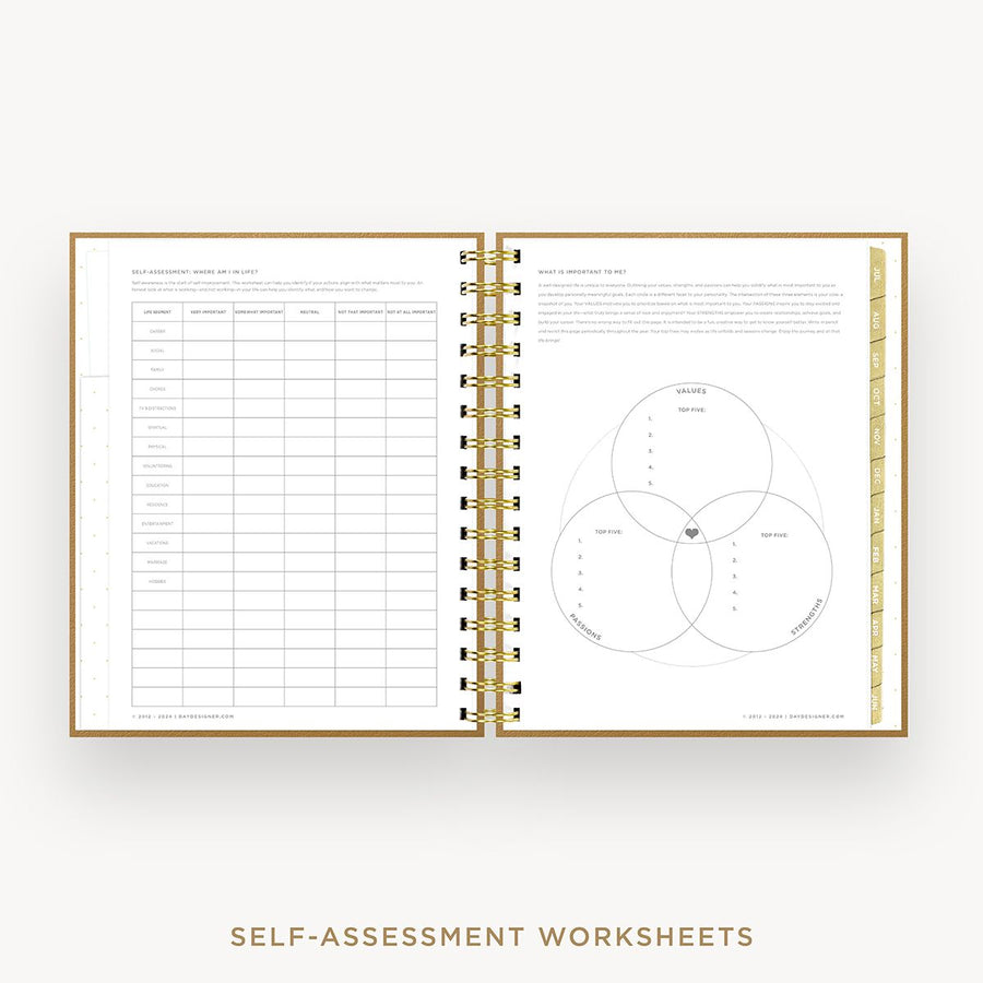 Day Designer 2025-26 mini daily planner: Caramel Latte cover with self assessment worksheet