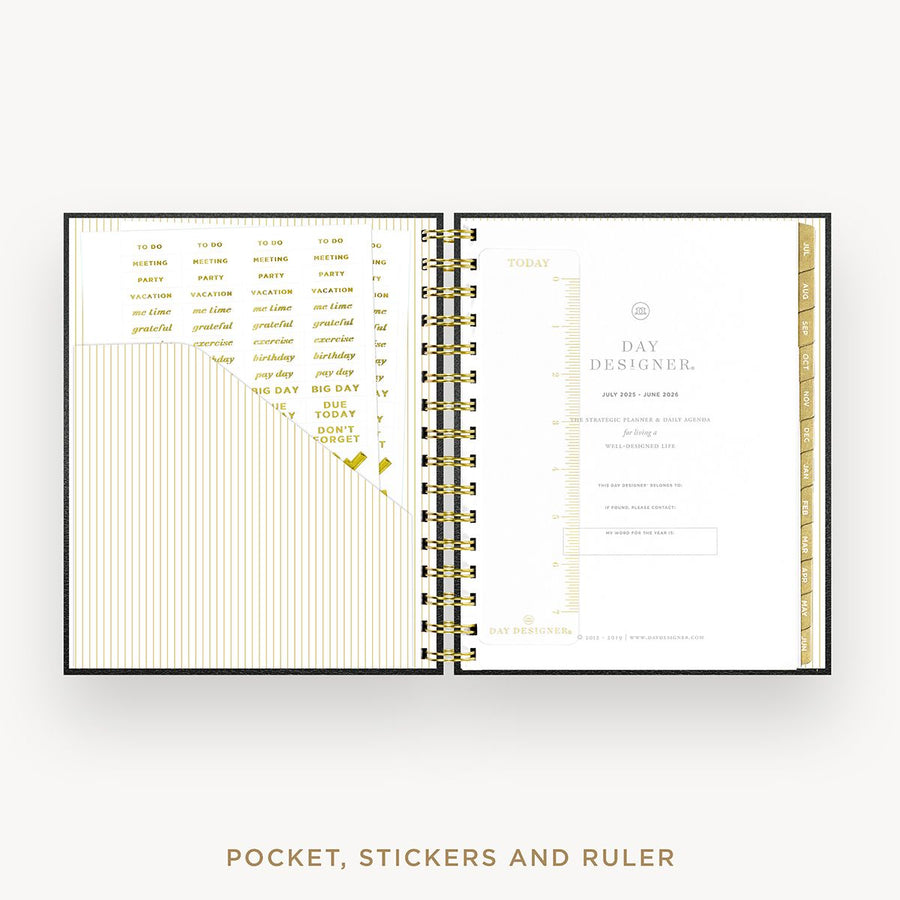 Day Designer 2025-26 mini daily planner: Classic Black cover with pocket and gold stickers