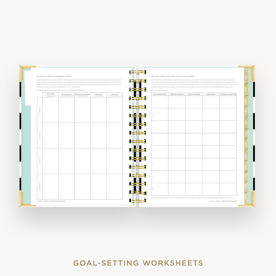 Day Designer 2025-26 mini daily planner: Black Stripe cover with goals worksheet