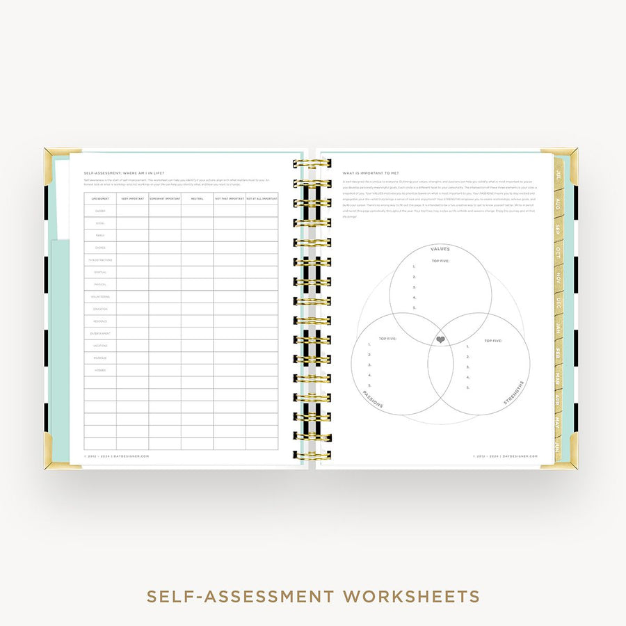 Day Designer 2025-26 mini daily planner: Black Stripe cover with self assessment worksheet