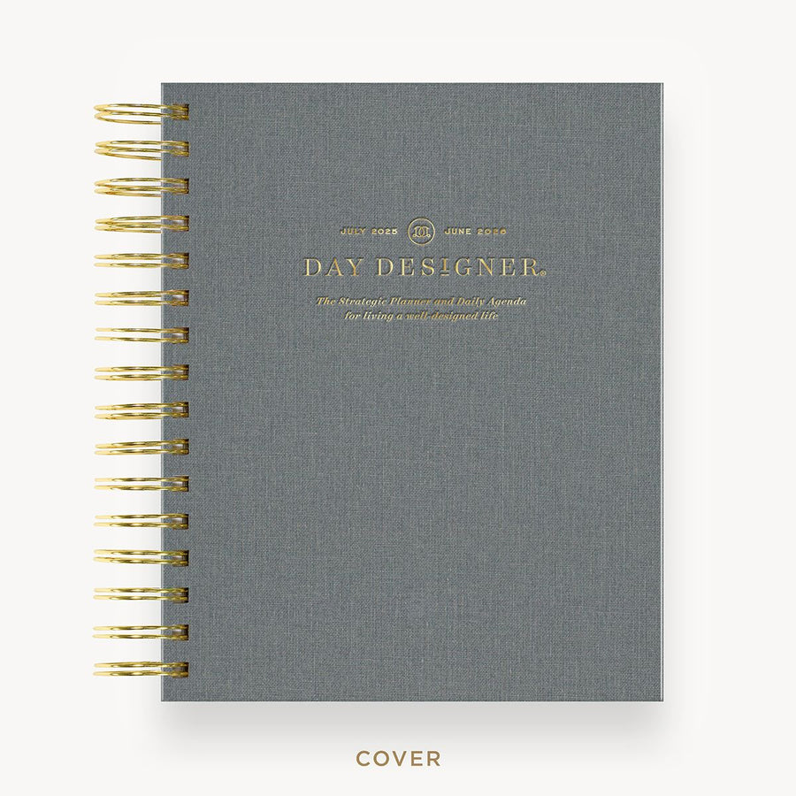 Day Designer 2025-26 mini daily planner: Charcoal Bookcloth hard cover, gold wire binding