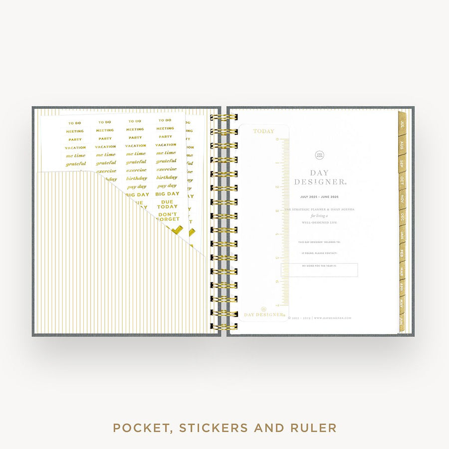 Day Designer 2025-26 mini daily planner: Charcoal Bookcloth cover with pocket and gold stickers