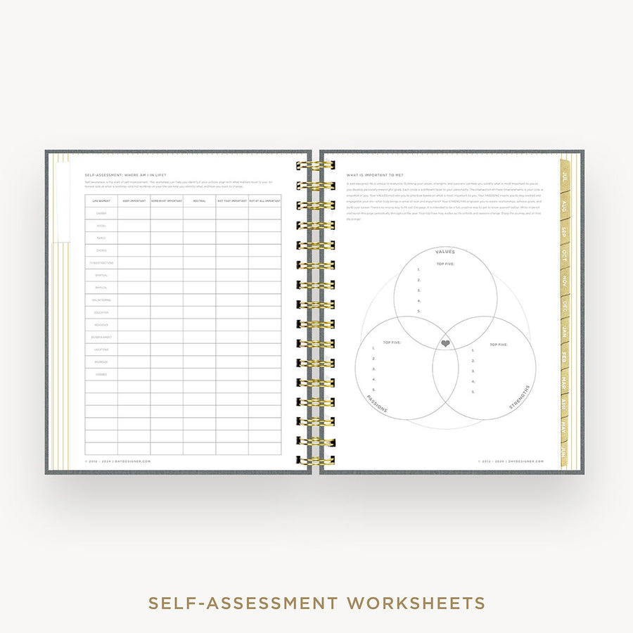 Day Designer 2025-26 mini daily planner: Charcoal Bookcloth cover with self assessment worksheet