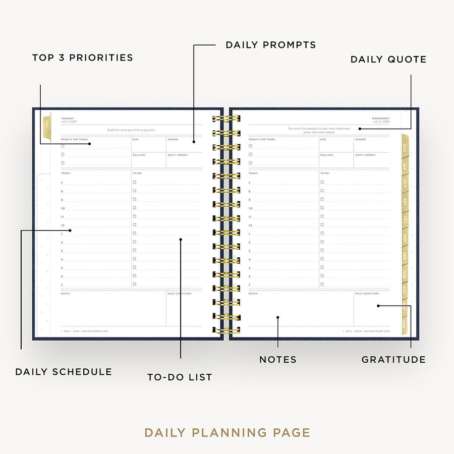 Day Designer 2025-26 mini daily planner: Navy Bookcloth opened with captions of contents