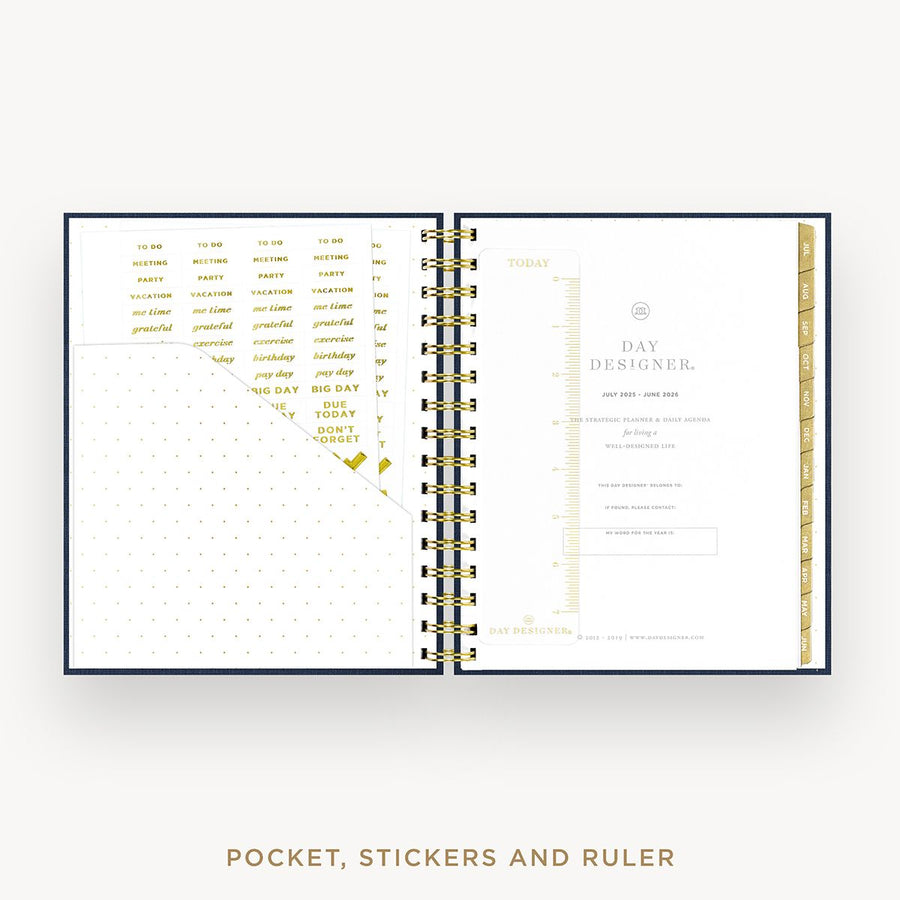 Day Designer 2025-26 mini daily planner: Navy Bookcloth cover with pocket and gold stickers