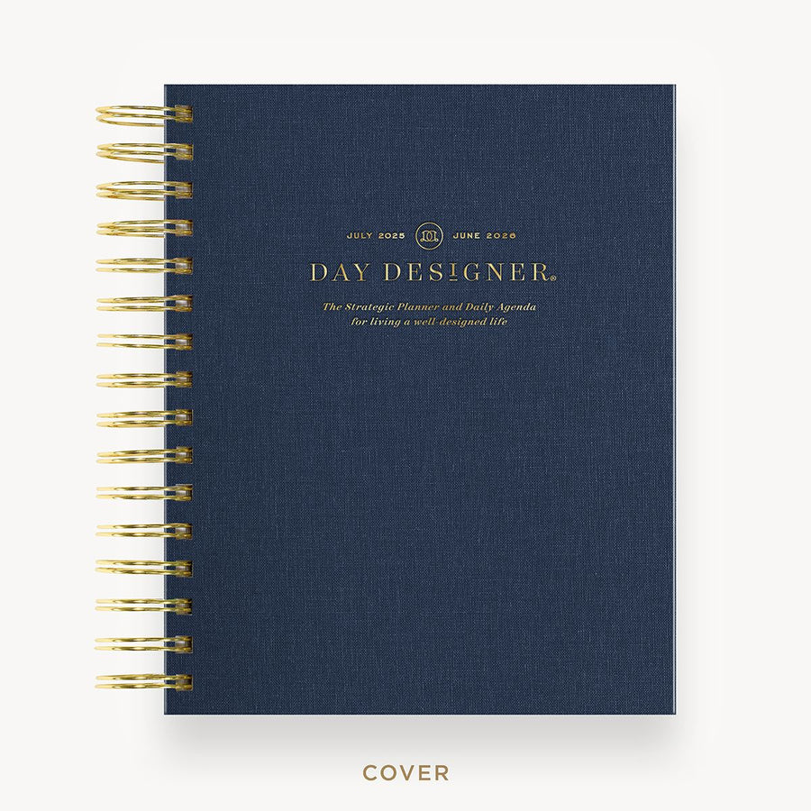 Day Designer 2025-26 mini daily planner: Navy Boockloth hard cover, gold wire binding