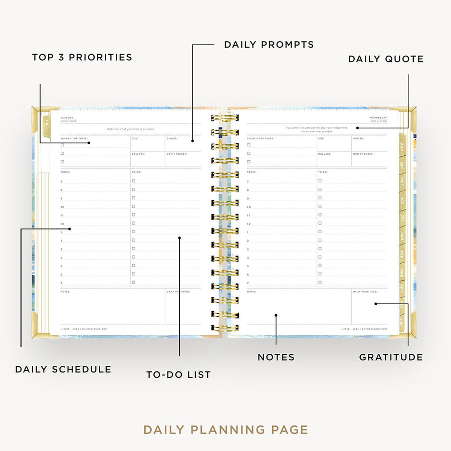 Day Designer 2025-26 mini daily planner: Sea and Sky opened with captions of contents