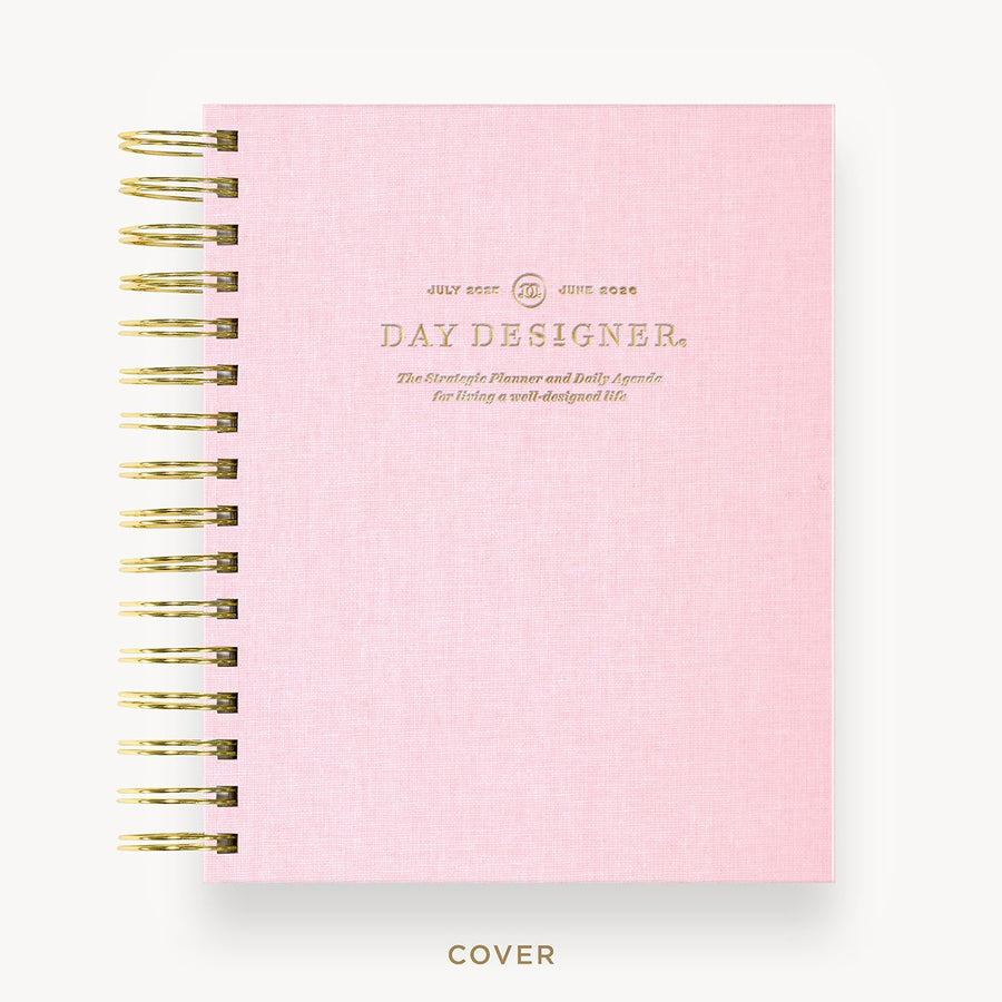 Day Designer 2025-26 mini daily planner: Peony Bookcloth hard cover, gold wire binding