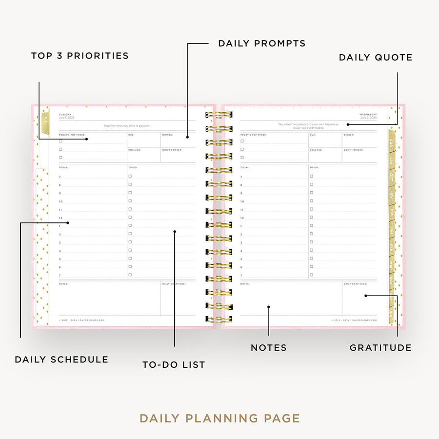 Day Designer 2025-26 mini daily planner: Peony Bookcloth opened with captions of contents