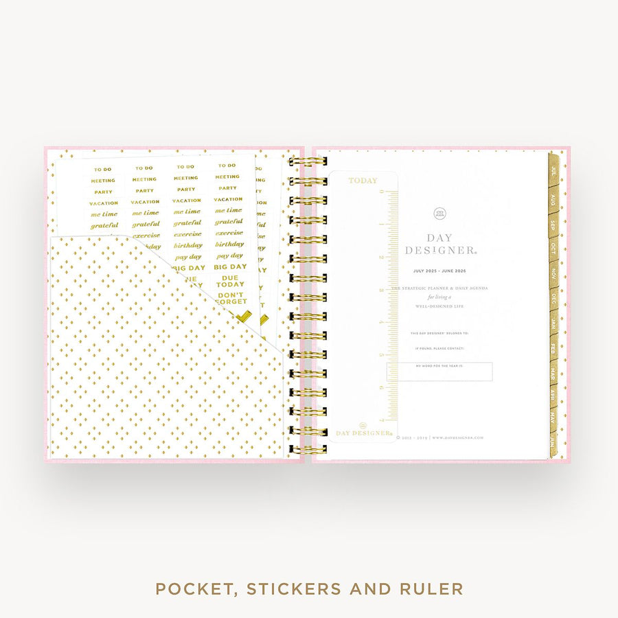 Day Designer 2025-26 mini daily planner: Peony Bookcloth cover with pocket and gold stickers