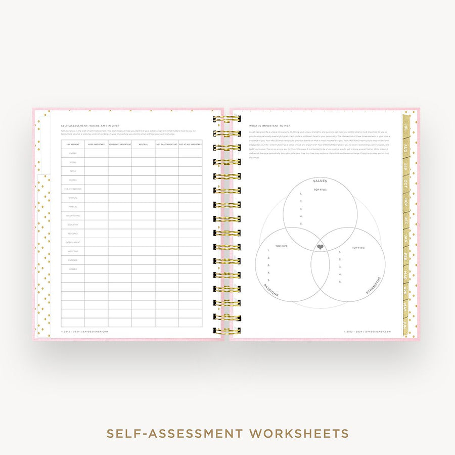 Day Designer 2025-26 mini daily planner: Peony Bookcloth cover with self assessment worksheet