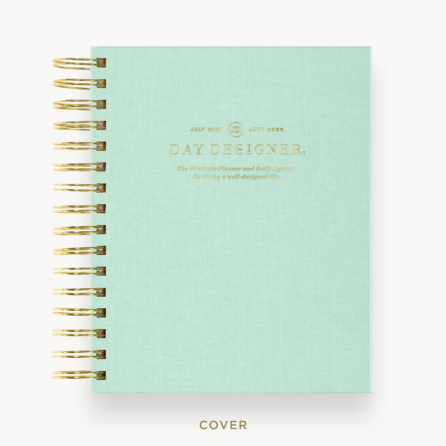 Day Designer 2025-26 mini daily planner: Sage Bookcloth hard cover, gold wire binding