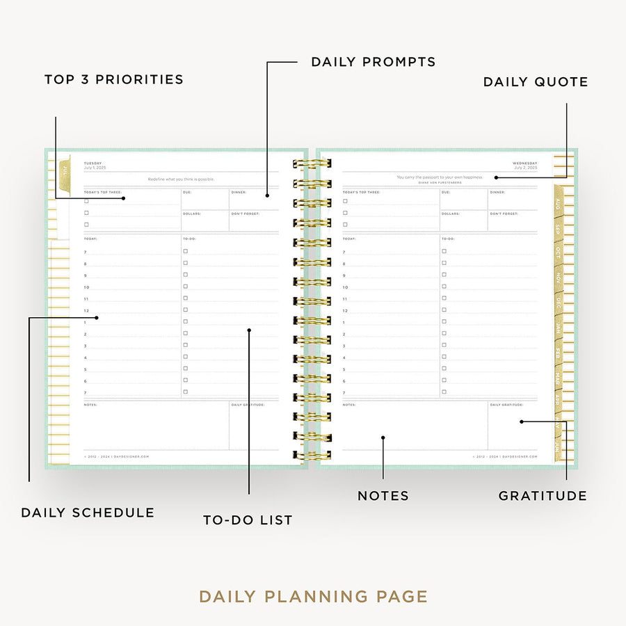 Day Designer 2025-26 mini daily planner: Sage Bookcloth opened with captions of contents